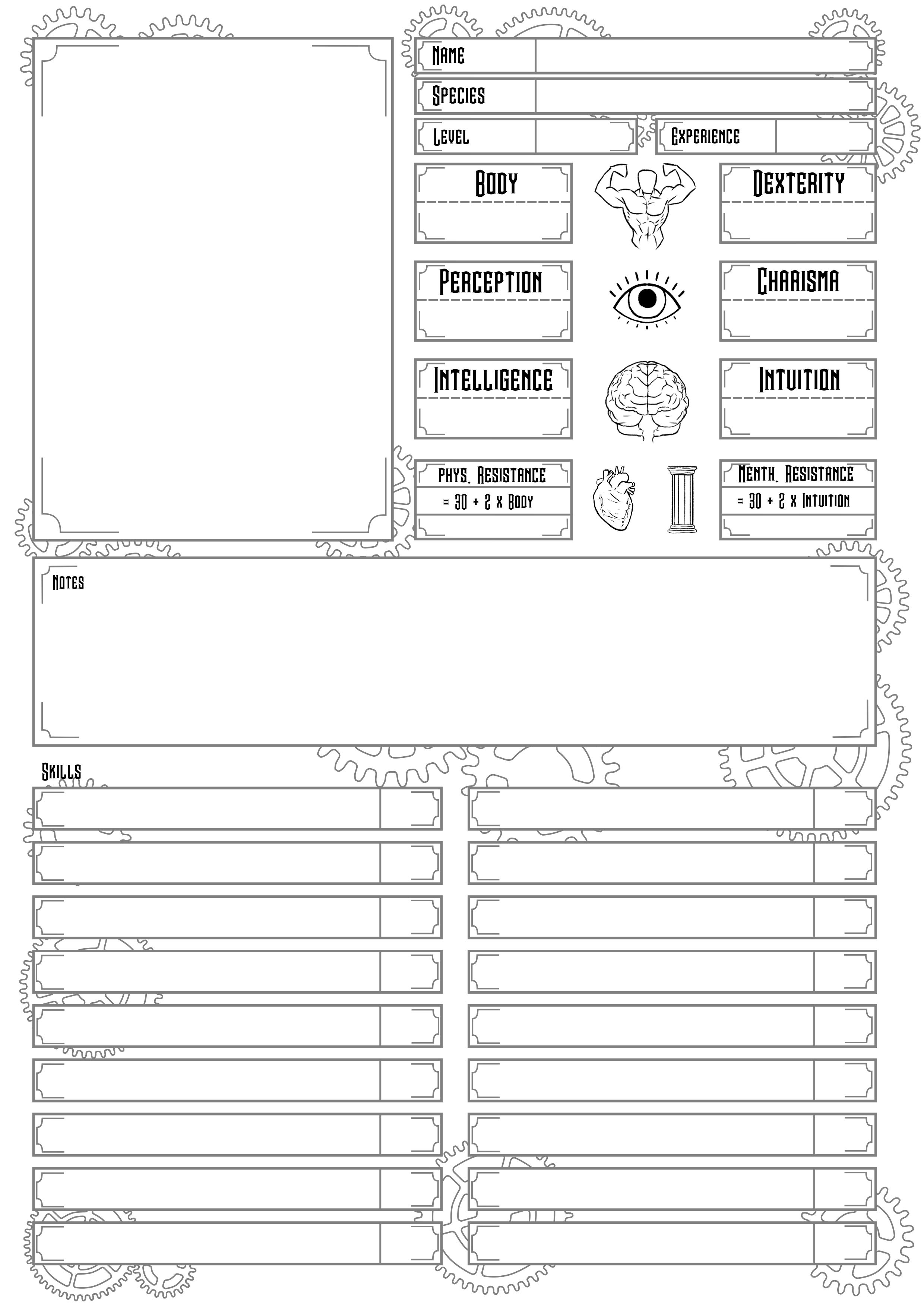 The character sheet for Machines and Sorcery.