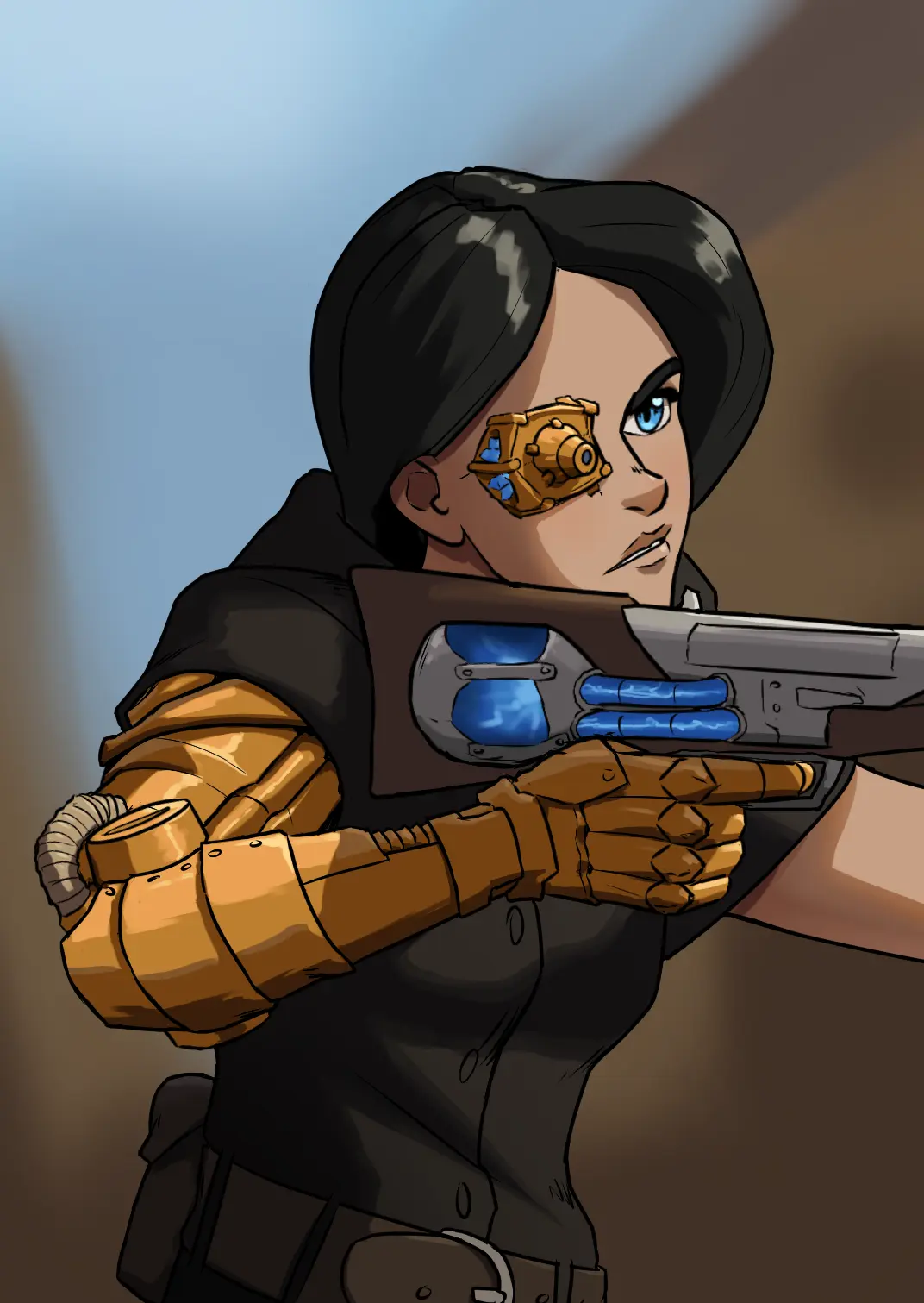 A woman with a mechanical Arm and a mechanical eye, aiming with a weapon.